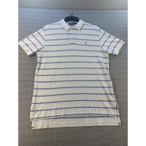 Vintage Ralph Lauren Polo Shirt Mens Large White Blue Striped Orange Pony 90s